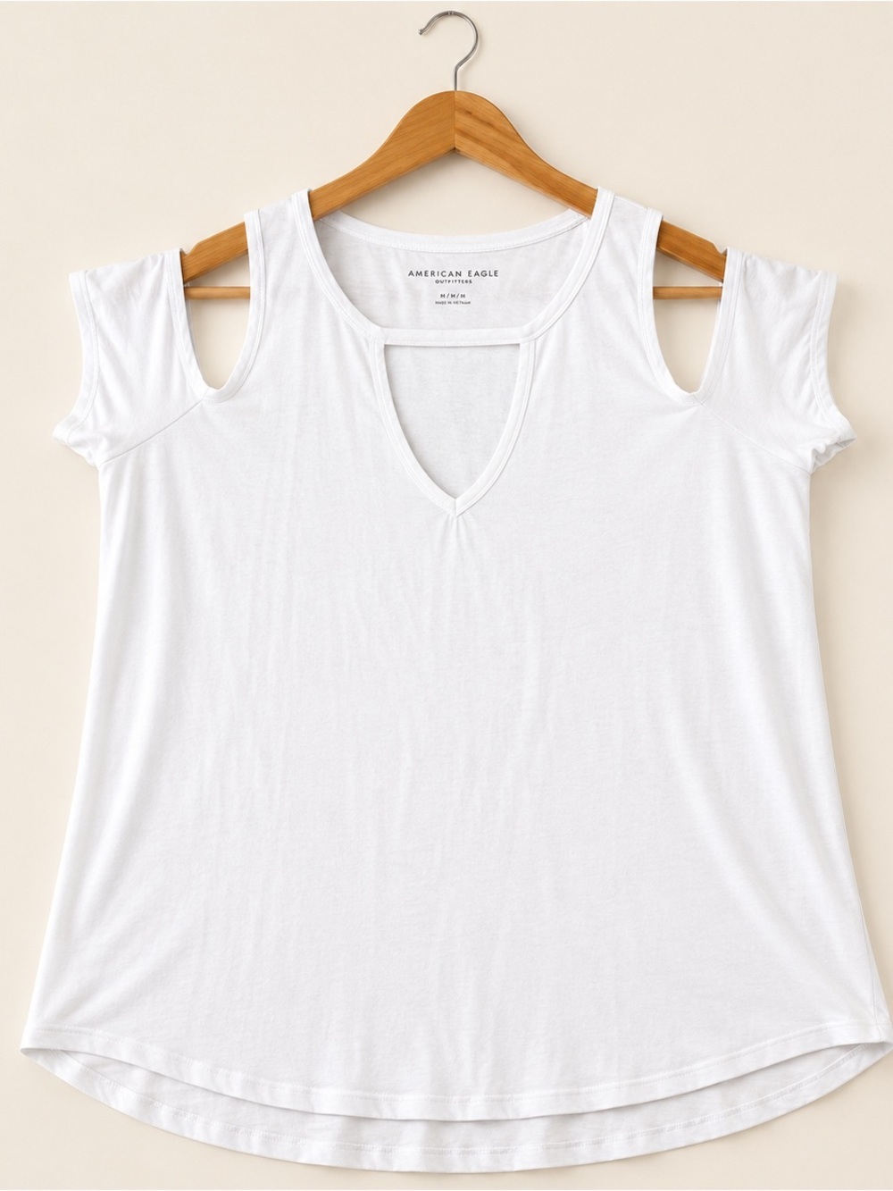 American Eagle Outfitters White Cold-Shoulder V-Neck Top, Medium